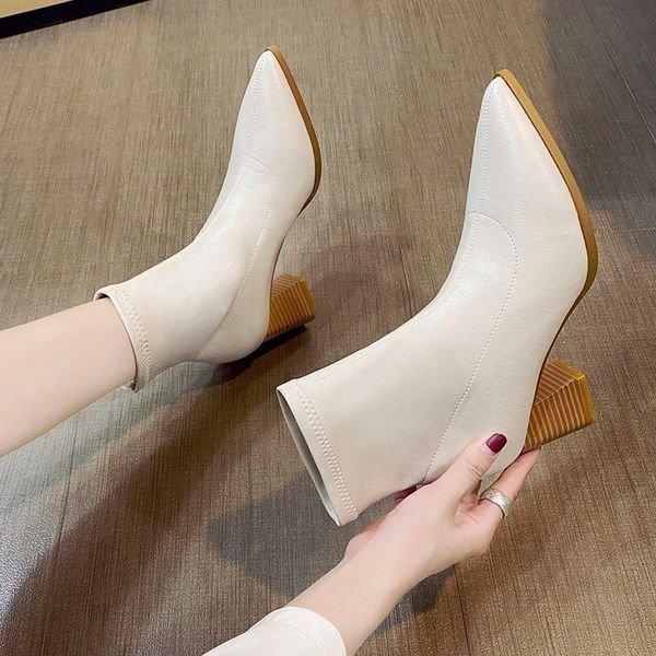 

shoes slim short woman high heeled ankle boots women autumn shoes pointed toe square heel footware slip on black beige qp7n
