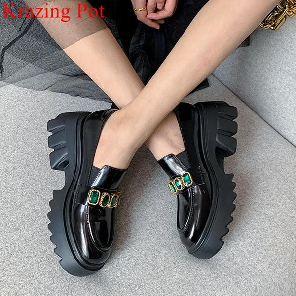 

krazing pot big size cow leather rhineston platform high heels casual shoes spring loafer elegant dress increasing women pumps, Black