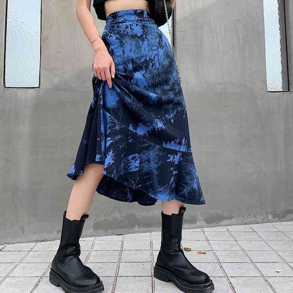 

gothic blue tie dye skirt women ruffles design cool streetwear a line high waist skirts autumn goth halloween, Black