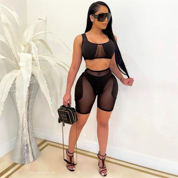 

women's tracksuits tmustobe women set spaghetti strap sleeveless crop solid mesh high waist shorts summer casual skinny outfit matching, Gray