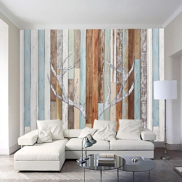 

wallpapers drop custom 3d wallpaper retro plank personality antlers mural tv backdrop living room bedroom bathroom