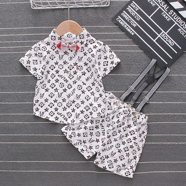 

children's summer boys' suit infant children's short sleeve strap two piece set, White