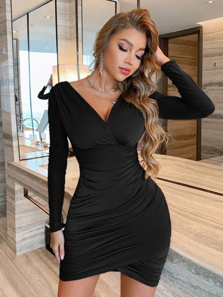 

surplice front ruched bodycon mini dress m9hv#, Black;gray
