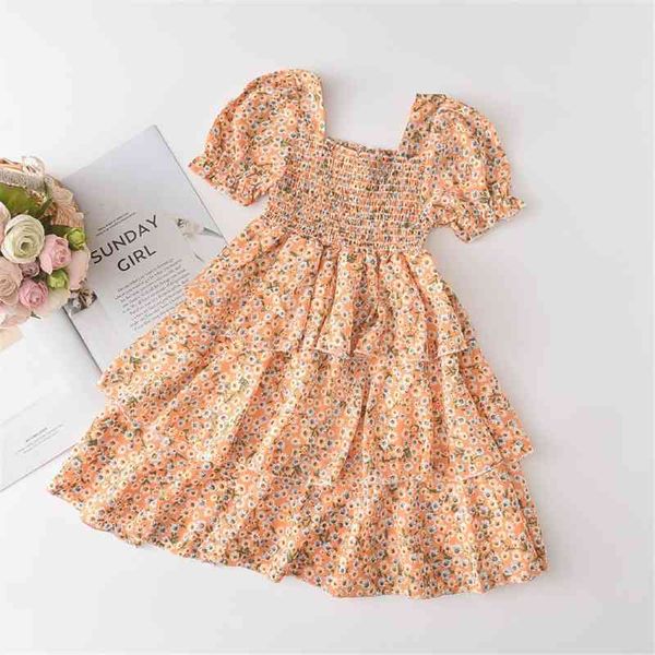 

summer holiday infant kids girl dresses girls flowers print puff sleeve knee length a-line 2-6y, Red;yellow