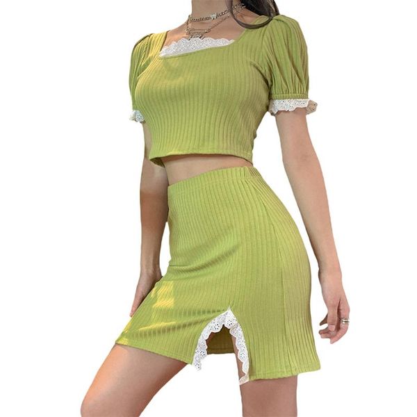 

skirts 2pcs women summer outfit lace trim square neck short sleeves crop + high-waist slit skirt for girls, green, Black