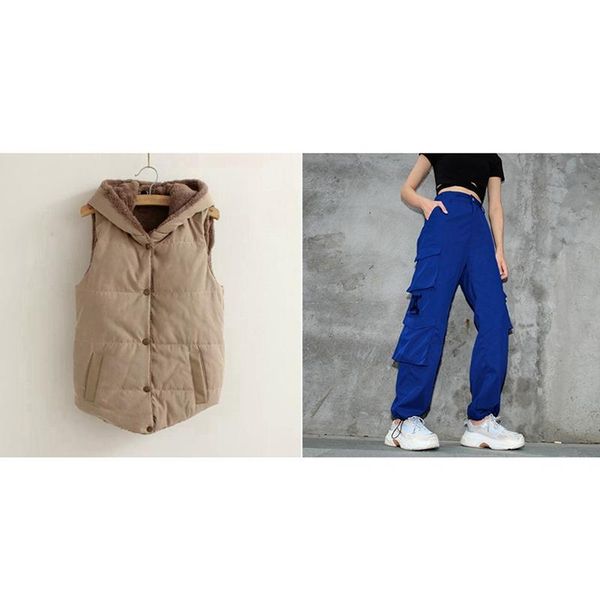 

women's pants & capris 1 pcs coral fleece hooded women vest khaki xl big pocket overalls loose cargo l size blue, Black;white