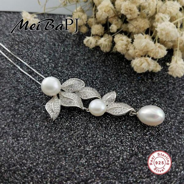 

[meibapj] fashion leafs natural freshwater pearls pendant necklace for women real 925 sterling silver jewelry necklaces