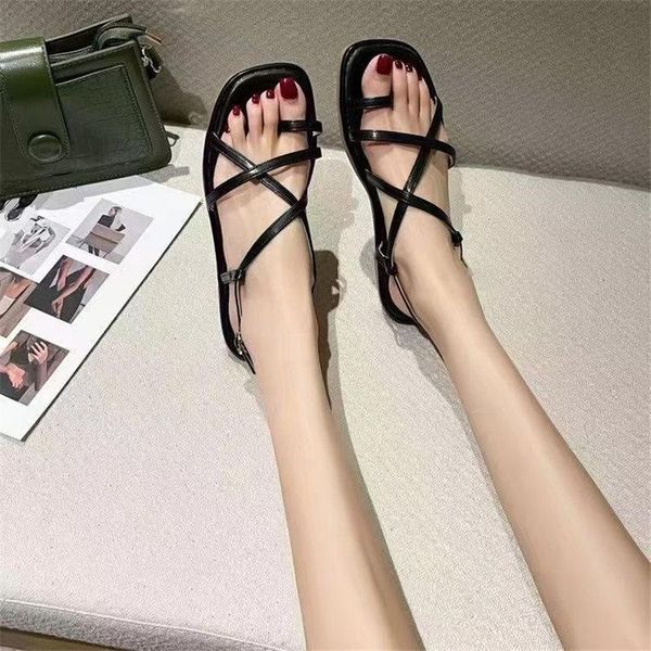 

sandals women's summer 2021 fairy style low-heeled flat bottom wild net celebrity explosion roman ins trendy s, Black