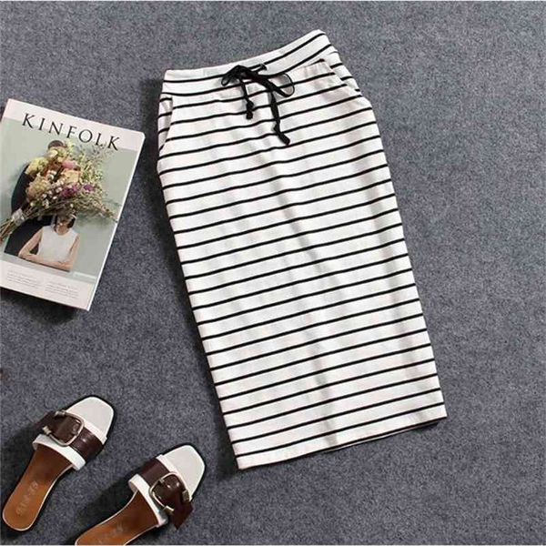 Coreano Womens Black White Striped One-Step Skirt Primavera Verão Mulher Pocket Pocket Mid-Comprimento Saco Saco Feminino 210721