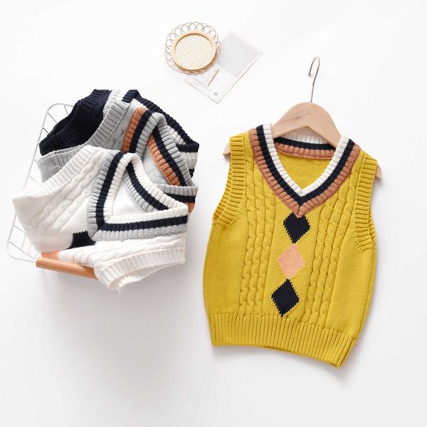 

girls boys clothing children's knitted vest new children's v-neck sleeveless letter twisted wool pullover sweater 2-7y y1024, Blue