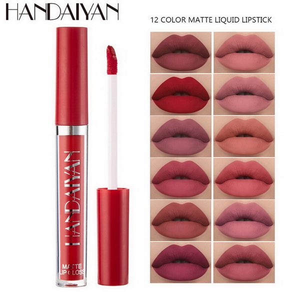 Handaiyan 12 colores Mini tubo fino brillo de labios líquido mate lápiz labial colores sexuales maquillaje de labios naturales de larga duración