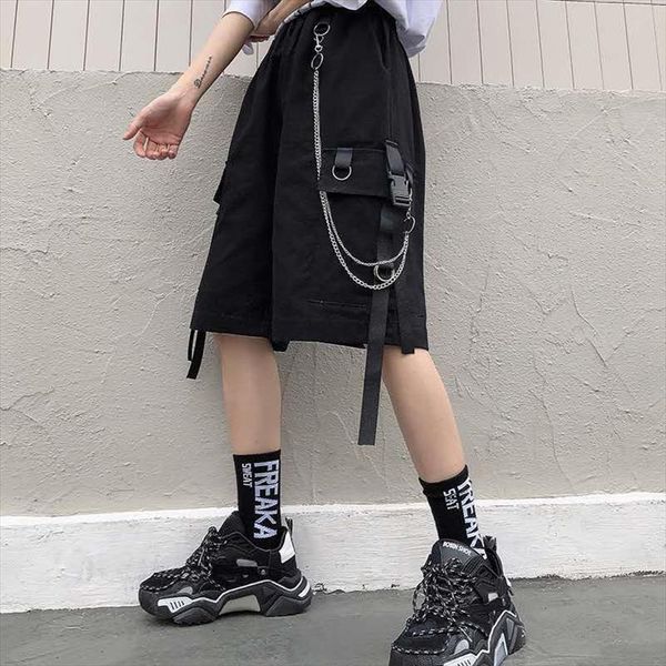 

streetwear ribbons high waist women short harajuku summer black wide leg cargo female solid trousers, White;black
