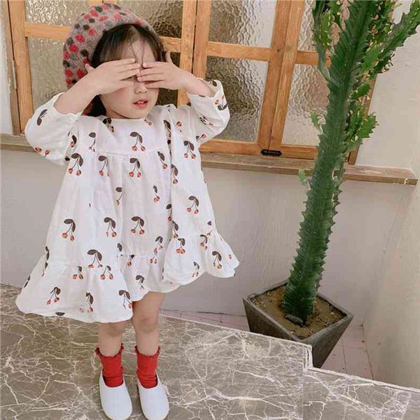 

spring girls round neck girl dresses lovely cherry print princess hoodie kids for, Red;yellow