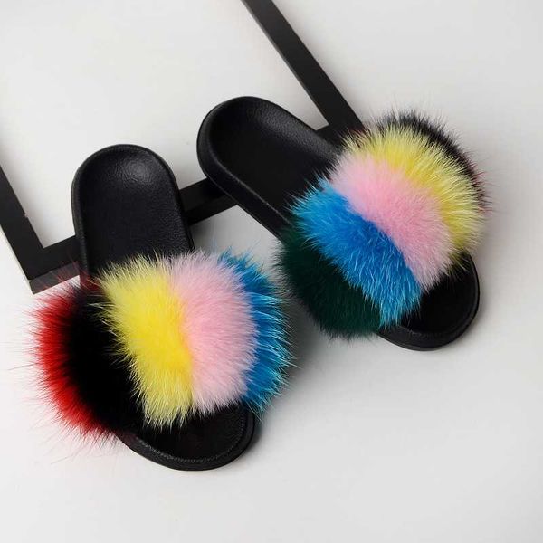 

winter women's raccoon fur shoes ladies sandals indoor warm plush home slippers furry flip flops female fluffy slides, Black