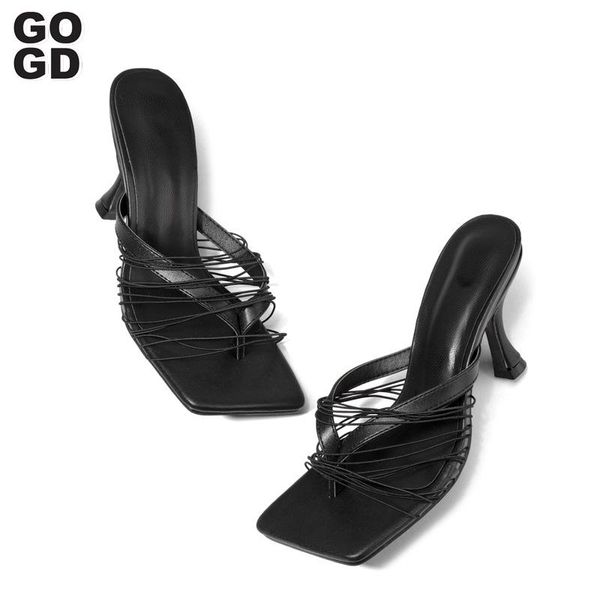 

[gogd]summer classics high heels sandals women strap fur slippers ladies fashion slip on thin size 41, Black
