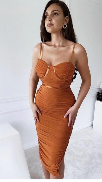 

fashionable female crochet ruched orange midi knee-high bandage elegant evening party club dress, Black;gray
