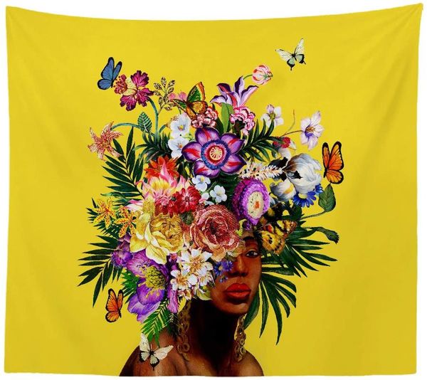 

tapestries original design hand drawing art print tapestry wall hanging, african girl yellow flower