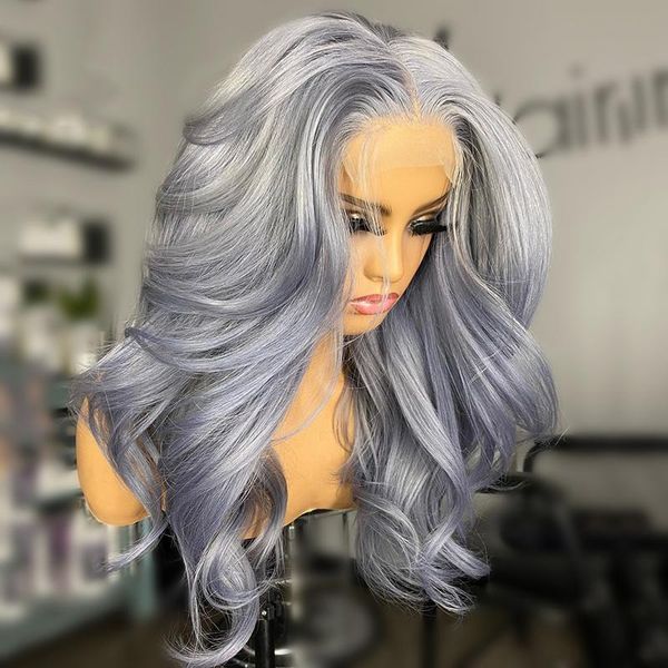 

ombre grey long remy transparent loose wave pre-plucked 13x6 lace front human hair wigs for women with babyhair braziline 150%, Black;brown