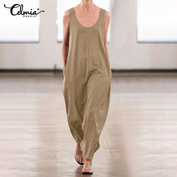 

jumpsuit celmia women wide leg jumpsuits 2021 summer vintage cotton sleeveless long playsuits casual o-neck pockets pants plus size 5xl, Black;white