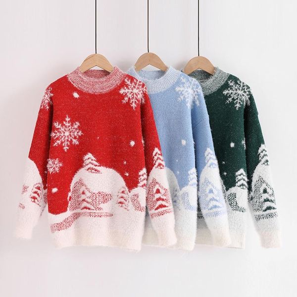 

women's sweaters sweater christmas snowdrift pattern round neck long sleeve loose plush knitted vintage female blouse, White;black