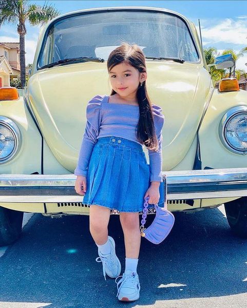 

clothing sets kids girls fashionable 2pcs outfit classic solid color ribbed long sleeve square collar t-shirt and denim pleated skirt 1-5yea, White