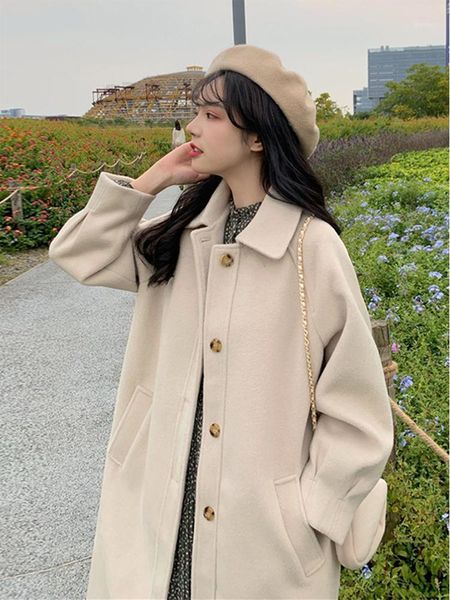 

women's wool & blends 2021 french style fashion temperament trend mid-length overcoat spring autumn korean solid color single-breasted, Black