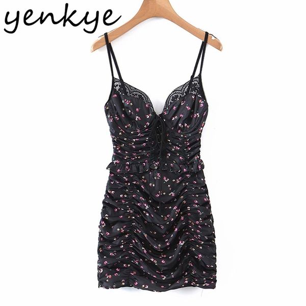 

fashion women floral print sling dress female lace trim party night club summer bodycon mini draped vestido 210514, Black;gray