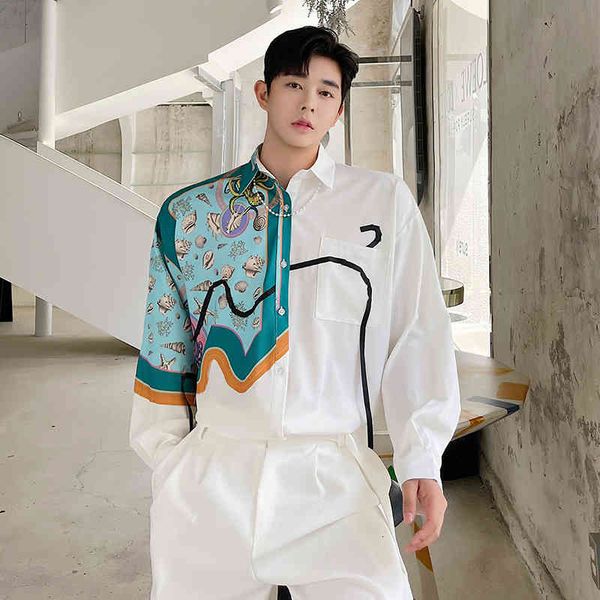 

men's casual shirts silk style print ribbon men streetwear fashion loose long sleeve male vintage dress x9mj, White;black