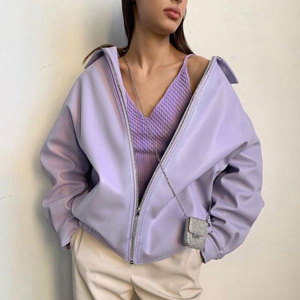 

women's leather & faux solid pu jackets turn-down collar long sleeve loose casual autumn female coat zipper pockets 2021 ladies, Black