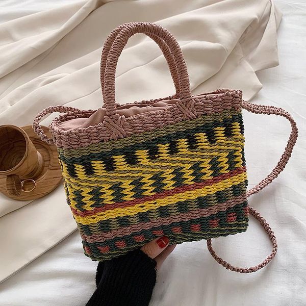 

evening bags colorful box shape small beach straw rattan crossbody shoulder with short handle 2021 basket picnic handbags1