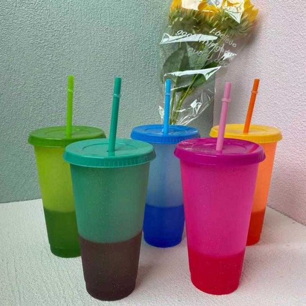 

straw cup with straw cover, color changing coffee cup, multi-color plastic water bottle, reusable straw cup, 700ml / 24oz