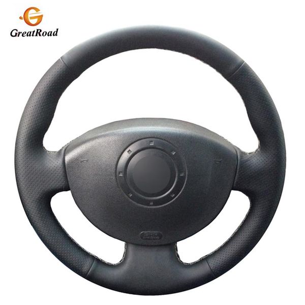 

steering wheel covers hand-stitched black genuine leather car wrap for megane 2 2003-2008 kangoo 2008-2012 scenic