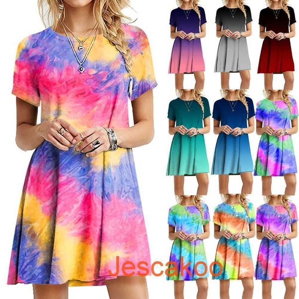 Verão Novas Mulheres Gradiente Vestido de Manga Curta Slim-Fit Color Colorido Tie-Tingido Impresso Senhoras Moda Vestidos Casuais 2022