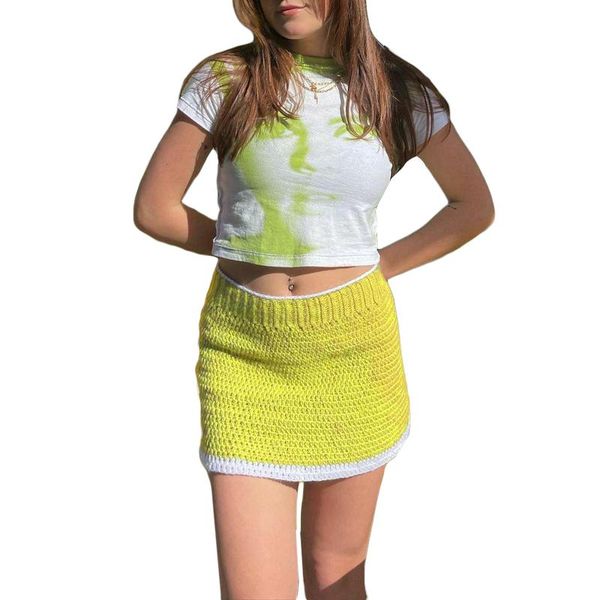 

skirts women's a-line mini skirt, casual high waist color block above knee crochet short skirt, Black