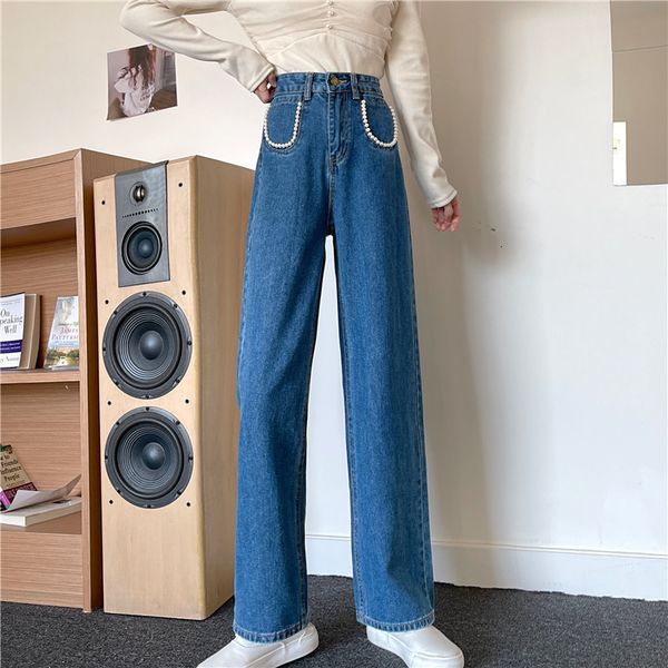 

women's jeans woman breech breeches high waist clothes wide leg denim blue streetwear vintage quality fashion harajuku slacks straight