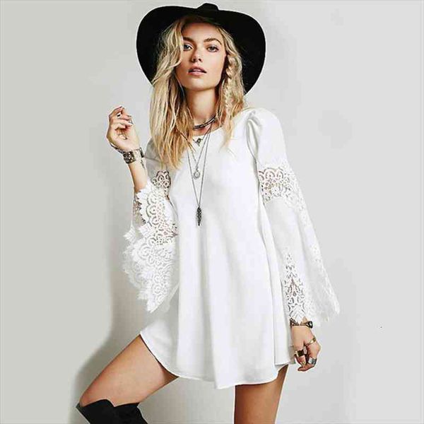 

women long sleeved chiffon hollow out lace dress autumn lace crochet stitching mini dress white loose a-line vestidos, Black;gray