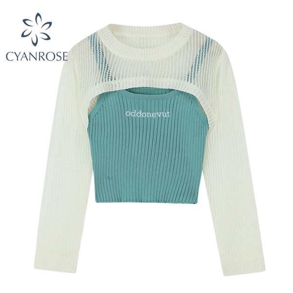 

strap camisole shawl 2 pieces sets women party club super-short mesh pullover+trendy bodycon camis e-girl slim outfits 210430, White