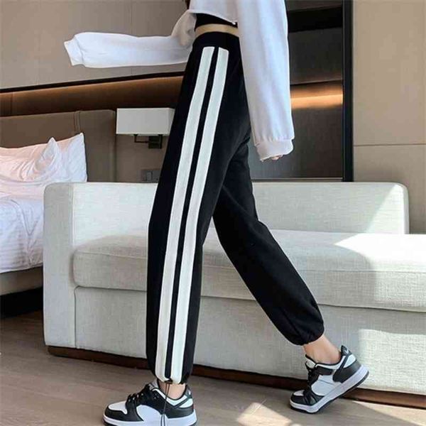 2021 outono sweatpants corredores mulheres baggy preta calças esportes casuais listras soltas listras streetwear cintura alta mulher harem calças q0801