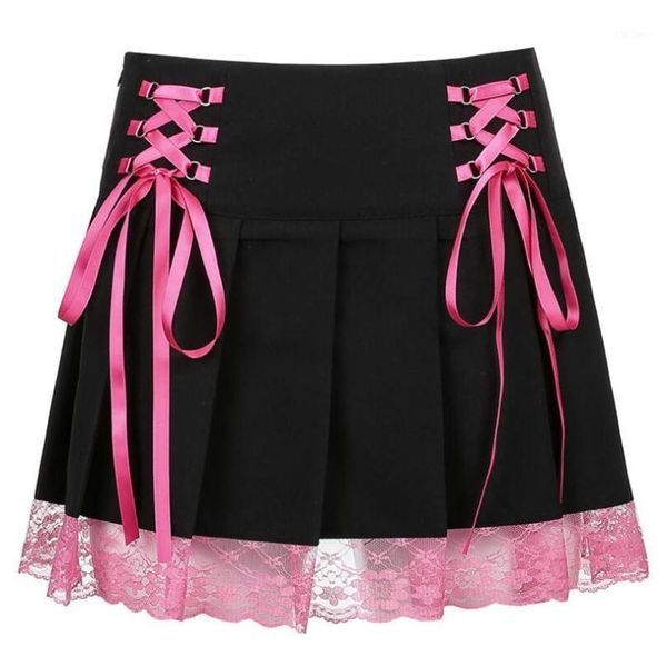 

skirts 2021 spring irregular straps dark lace stitching pleated skits women fashion high waist mini skirt p2106, Black