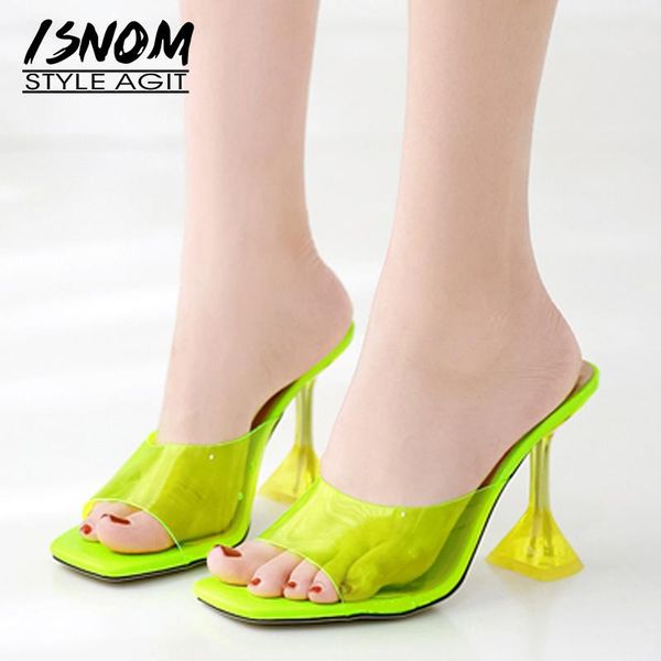 

slippers isnom clear colorful pvc women high heels slides shoes female strange style fashion party ladies summer 2021, Black