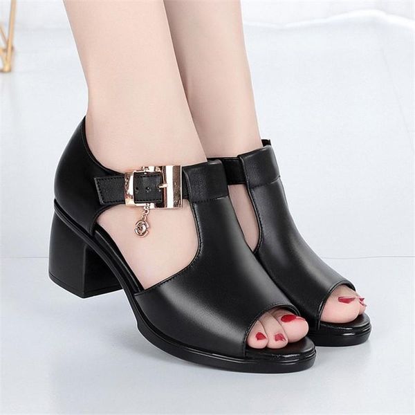 

sandals women summer 2021 hing heel fashion fish mouth hollow roman thick with beaded high heels female, Black