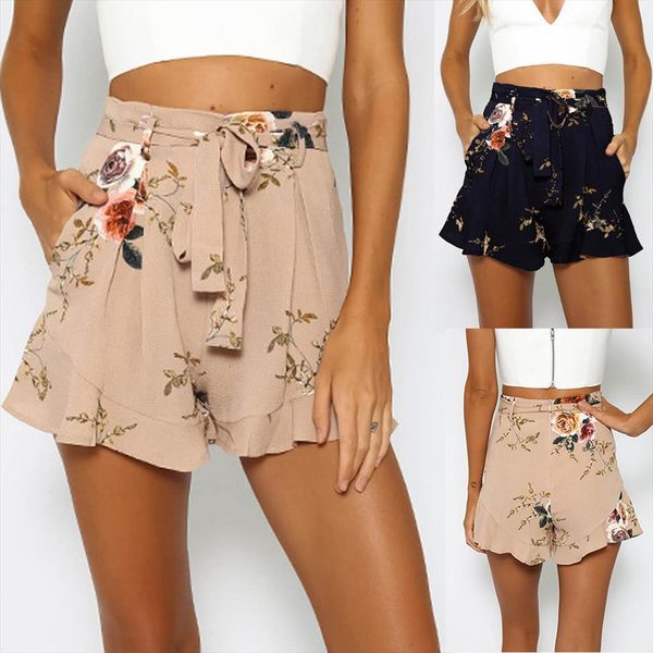 

high waisted graphic ruffle womens short casual skirt summer floral print zipper pants, White;black