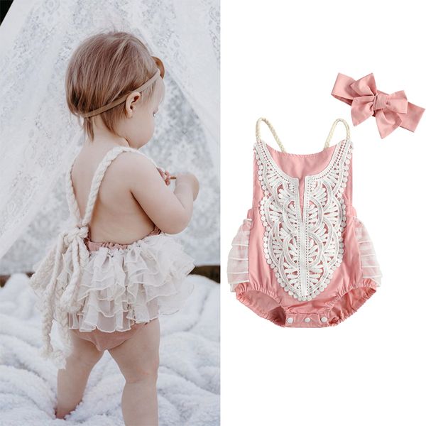 

2021 new summer baby toddler girls jumpsuit infant newborn baby girls sleeveless lace floral rompers headband clothes, Blue