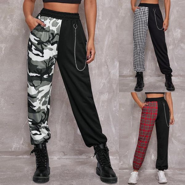

women's pants & capris women punk pockets high waist chain casual plaid trousers korean style sweatpants ladies autumn, Black;white