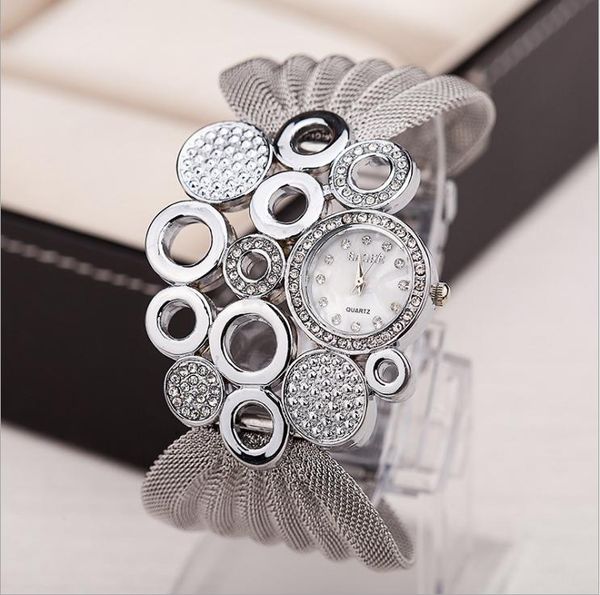 Personalisierte modische Bekleidungsaccessoires, silberne Uhren, breites Mesh-Armband, Damenuhr, Damenarmbanduhren
