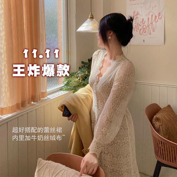 

casual dresses big size women's french lace dress in winter, Black;gray