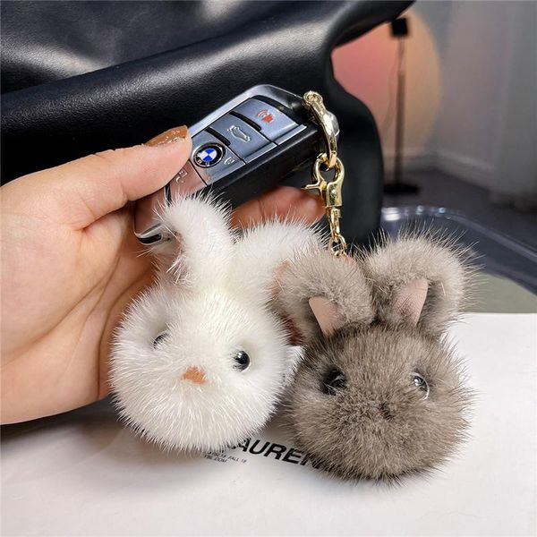 

keychains genuine mink real fur keychain women bag ornaments cute toys pendant car key ring mobile phone chain mini girl gift, Silver