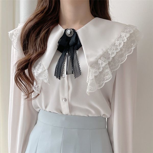 

arrival lace girls casual princess gentle streetwear office lady plus size light ruffles basewear retro shirts 210515, White