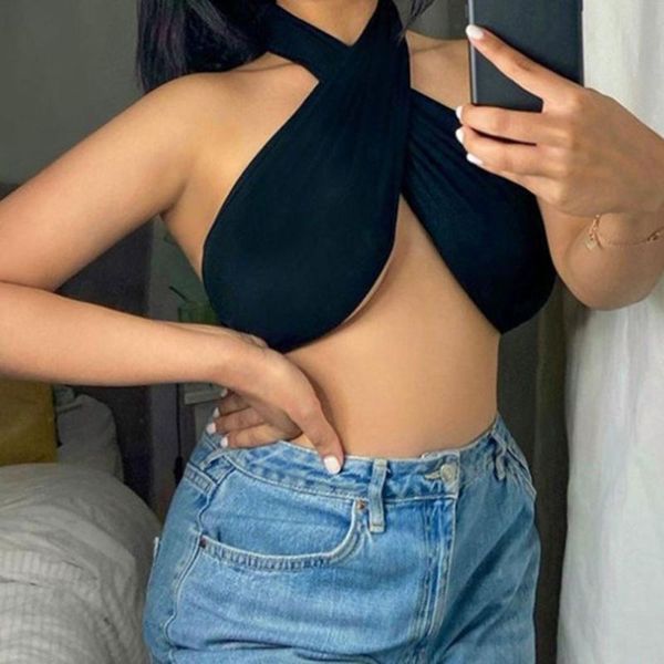 

women's tanks & camis women strapless wrap crop sleeveless halter criss cross backless vest shirt ruched bandage tie back tube, White