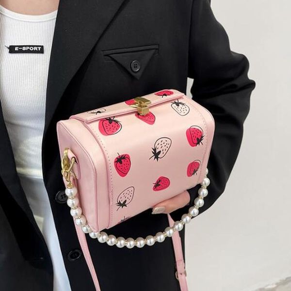 

mini bags for women 2021 fashion girls sweet strawberry bag trendy pearl clutch handbag pink messenger small leather shoulder